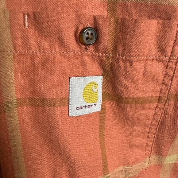 Carhartt Large Relaxed Rugged Flex Button Up Shirt Mens Orange Plaid Workwear - Picture 7 of 14